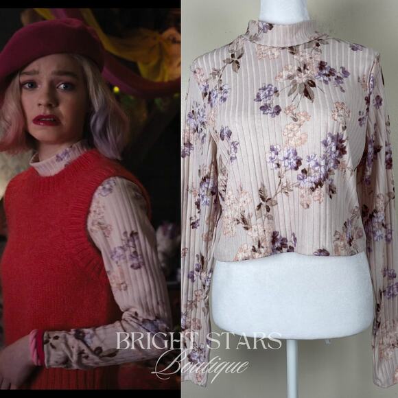 Tops - Rare Floral Cropped Mock Neck Ribbed Top Long Sleeve ASO Enid Sinclair Wednesday